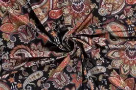 95% viscose, 5% elastan stoffen - Tricot stof - viscose - paisley bloemen - middernachtblauw/oranje multi - 20211-007