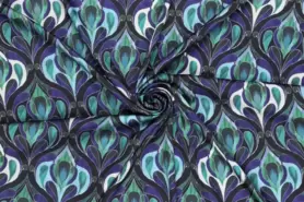 97% Polyester, 3% Elastan stoffen - Satijn stof - stretch satijn - abstract retro - blauw - 20117-670
