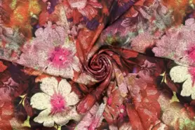 97% Polyester, 3% Elastan stoffen - Satijn stof - stretch satijn - bloemen - multi rood - 20115-445