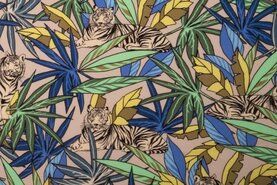 Dieren motief - Polyester stof - bubble chiffon palmboom tijgers - blauw/geel/groen - 16636-650