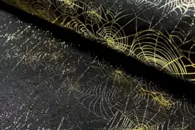 Carnavalsstoffen - Tricot stof - Halloween spinnenweb goud folie - 20848-069