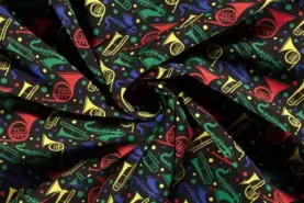 Carnavalsstoffen - Texture stof - muziekinstrumenten - zwart/rood/geel/groen/blauw - 20803-069