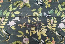 Grijsgroen - Viscose stof - vogels en vlinders - groen/grijs - B210