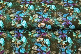 Bladeren motief - Tricot stof - digitaal vlinder en blaadjes - groen turquoise - 22214-99