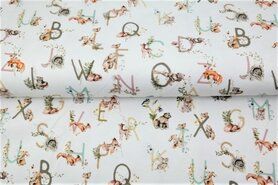 Wit - Tricot stof - digitaal letters en dieren - wit - 22201-02