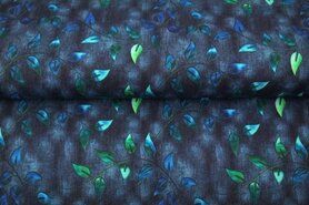 Bladeren motief - Tricot stof - digitaal bladeren - blauw multi - 22943-15