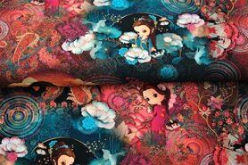 Blauwe stoffen - Tricot stof - French Terry - digitaal fantasie - blauw roze - 22085