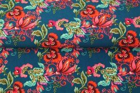 Blauwe stoffen - Tricot stof - French terry - digitaal bloemen - turquoise - 22531-99