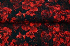 95% katoen, 5% elastan stoffen - Tricot stof - digitaal bloemen - zwart rood - 22905-11