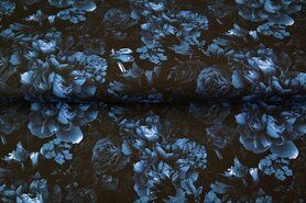 Blauwe stoffen - Tricot stof - digitaal bloemen - zwart blauw - 22905-15