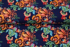 French Terry stoffen - Tricot stof - French Terry - digitaal bloemen - middernachtblauw - 22531-08
