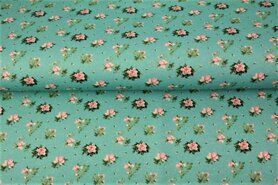 Blauwe stoffen - Tricot stof - French Terry - digitaal bloemen - turquoise - 22545-09