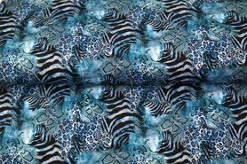 Blauw - Tricot stof - digitaal dierenprint fantasie - blauw zwart - 22931-09