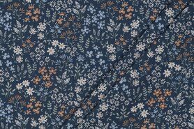 Jeans blauw - Katoen met coating - bloemen - jeansblauw - 5270-007
