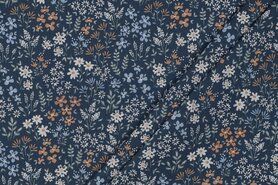 Tafelzeil stoffen - Katoen met coating - bloemen - jeansblauw - 5270-007