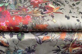 Taupe stoffen - Satijn stof - stretch satijn - taupe - bloemen - 14258-054