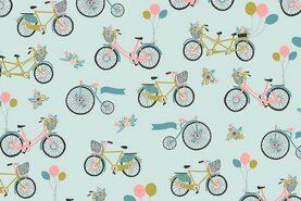 Katoenen stoffen - Katoen stof - fietsen en bloemen - lichtblauw - 9560-004