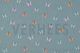 Mintblauwe stoffen - Katoen stof - poplin - vlinders - mintblauw - 5501-015