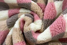 Gebreide stoffen - Fleece stof - ultra soft - ruiten - gebroken wit/roze/bruin/beige - B303