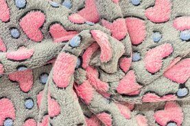 Kledingstoffen - Fleece stof - cuddle fleece - harten - grijs/roze - B312