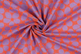 Broderie stoffen - Broderie stof - katoen embroidery - bloemen - neon oranje lila - 22/4921-002