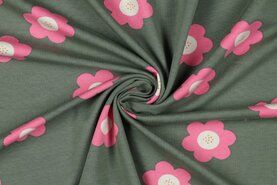 Bloemen motief stoffen - Tricot stof - French Terry - bloemen - oudgroen roze - 22/5799-002