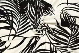 Zwart / Wit stoffen - Viscose stof - linnen mix - bladeren - zwart gebroken wit - 20660-022