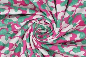 Tricot kinderstoffen - Tricot stof - glitter camouflage - roze groen wit - 340169-30