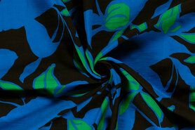 Kobalt blauwe stoffen - Viscose stof - twill - bladeren - kobalt zwart groen - 21038-005