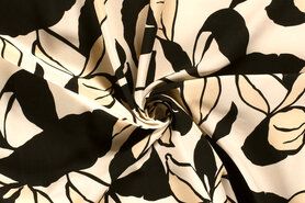 Zwart / Wit stoffen - Viscose stof - twill - bladeren - gebroken wit zwart - 21038-051