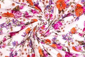 Felroze - Stretch stof - bloemen - off white roze rood - 922602-41