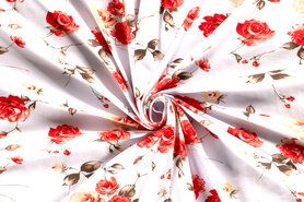 Gebreide stoffen - Tricot stof - bloemen - wit rood - 21296-015
