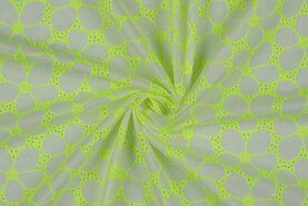 Grijze stoffen - Broderie stof - katoen embroidery - bloemen - neon groen grijs 4921-001