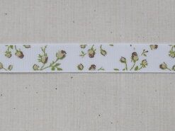 Polyester band - Ripslint bloemetjes off white beige/bruin/groen 16 mm (22383/16-988)*
