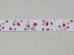 Polyester band - Ripslint bloemetjes off white rood/bruin 16 mm (22383/16-722)*