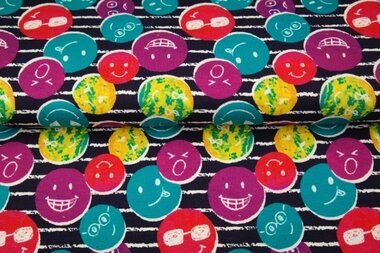 -Tricot stof - digitaal gestreept smileys - donkerblauw - 21260-15 - Tricot stof - digitaal gestreept smileys - donkerblauw - 21260-15