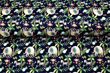 -Tricot stof - digitaal dieren en palmbomen - donkerblauw - 21299-15 - Tricot stof - digitaal dieren en palmbomen - donkerblauw - 21299-15