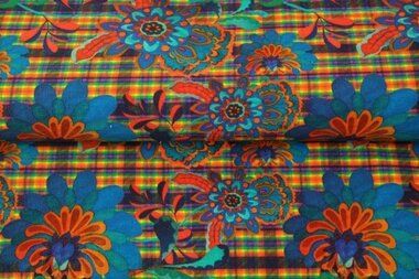 -Tricot stof - French Terry - digitaal ruiten met bloemen - oranje blauw - 22503-15 - Tricot stof - French Terry - digitaal ruiten met bloemen - oranje blauw - 22503-15