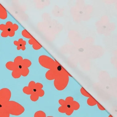 -Stretch stof - bloemen - lichtblauw oranje - 310192-30 - Stretch stof - bloemen - lichtblauw oranje - 310192-30