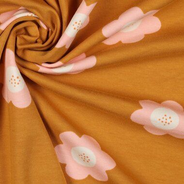 -Tricot stof - French Terry - bloemen - oranje - 5799-002 - Tricot stof - French Terry - bloemen - oranje - 5799-002