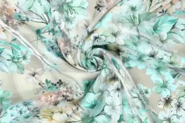 -Viscose stof - bloemen - beige lichtblauw - 20672-320 - Viscose stof - bloemen - beige lichtblauw - 20672-320