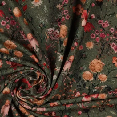 -Tricot stof - bloemen - legergroen - 23/3121-009 - Tricot stof - bloemen - legergroen - 23/3121-009
