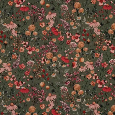 -Tricot stof - bloemen - legergroen - 23/3121-009 - Tricot stof - bloemen - legergroen - 23/3121-009