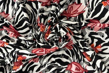 -Tricot stof - bloemen - zwart wit rood - JT53 - Tricot stof - bloemen - zwart wit rood - JT53