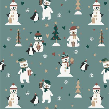 -Kerst stof - tricot - kerstprint sneeuwpop - dusty mint - 3001-220 - Kerst stof - tricot - kerstprint sneeuwpop - dusty mint - 3001-220