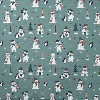 -Kerst stof - tricot - kerstprint sneeuwpop - dusty mint - 3001-220 - Kerst stof - tricot - kerstprint sneeuwpop - dusty mint - 3001-220