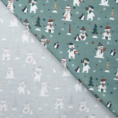 -Kerst stof - tricot - kerstprint sneeuwpop - dusty mint - 3001-220 - Kerst stof - tricot - kerstprint sneeuwpop - dusty mint - 3001-220