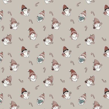 -Kerststof - tricot - gnomes en zuurstokken - zand - 3003-520 - Kerststof - tricot - gnomes en zuurstokken - zand - 3003-520