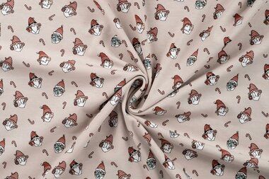 -Kerststof - tricot - gnomes en zuurstokken - zand - 3003-520 - Kerststof - tricot - gnomes en zuurstokken - zand - 3003-520