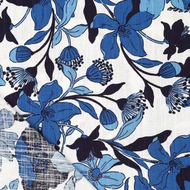 -Viscose stof - linnenmix slub - bloemen - blauw - 21559-602 - Viscose stof - linnenmix slub - bloemen - blauw - 21559-602